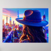 Cool NYC Girl in Fedora Nightscape Buildings Art Poster (Voorkant)