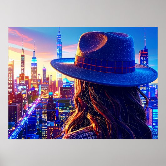 Cool NYC Girl in Fedora Nightscape Buildings Art Poster (Voorkant)