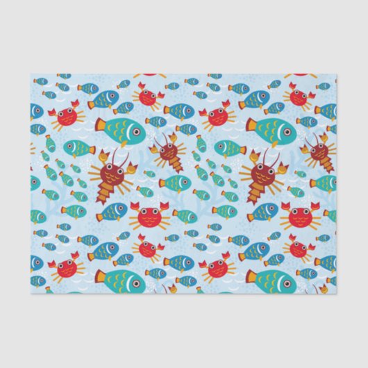 Cool Ocean Marine Life Fish and Crab Blue Tissuepapier (Voorkant)