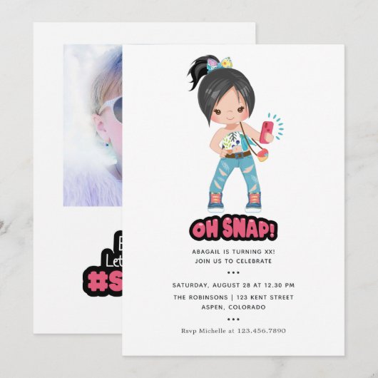 Cool Oh Snap! Selfie Girl Birthday Party Kaart (Voorkant / Achterkant)