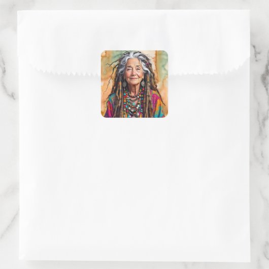 Cool Old Lady in Dread Locks Hippie Woman Vierkante Sticker (Tas)