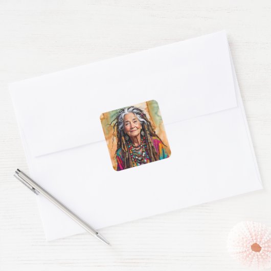 Cool Old Lady in Dread Locks Hippie Woman Vierkante Sticker (Envelop)