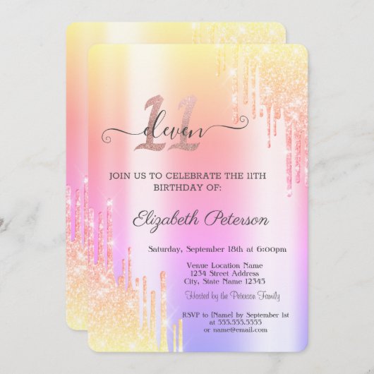 Cool Ombre Glitter Drips 11e Verjaardag Kaart (Voorkant / Achterkant)