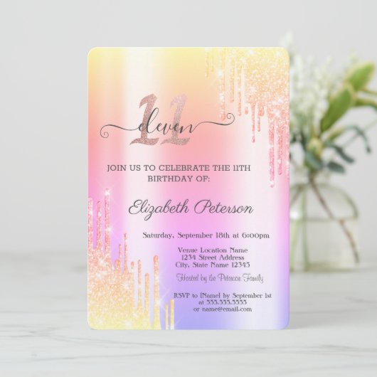 Cool Ombre Glitter Drips 11e Verjaardag Kaart (Staand voorkant)