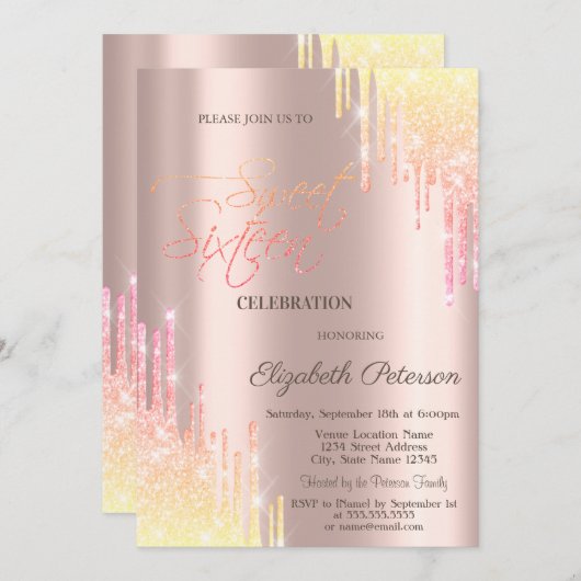 Cool Ombre Glitter Drips Roos Gold Sweet 16 Kaart (Voorkant / Achterkant)