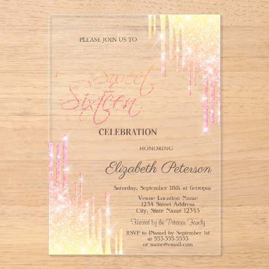  Cool Ombre Glitter Drips Rose Gold  Sweet 16 Acryl Uitnodigingen (Voorkant)