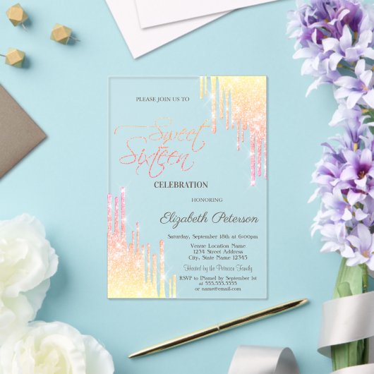  Cool Ombre Glitter Drips Rose Gold  Sweet 16 Acryl Uitnodigingen (Insitu (Huwelijk))