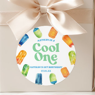Cool One Blue Retro Popsicle 1e Verjaardagsfeestje Ronde Sticker