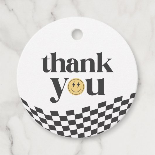 Cool One Boy's First Birthday Checkered Retro Bedankjes Labels (Voorkant)