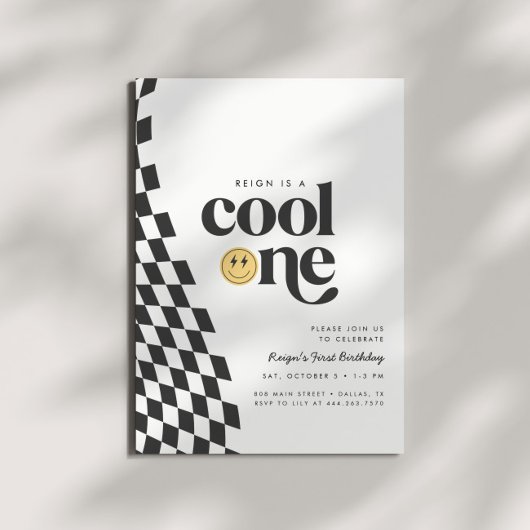 Cool One Boy's First Birthday Checkered Retro Kaart