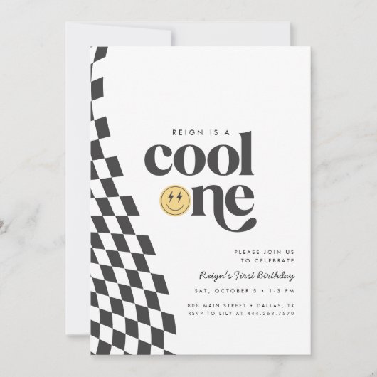 Cool One Boy's First Birthday Checkered Retro Kaart (Voorkant)