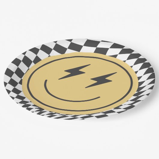 Cool One Boy's First Birthday Checkered Retro Papieren Bordje (Gekanteld)