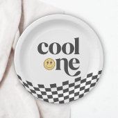 Cool One Boy's First Birthday Checkered Retro Papieren Bordje