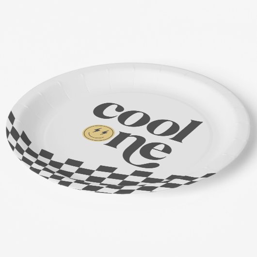 Cool One Boy's First Birthday Checkered Retro Papieren Bordje (Gekanteld)