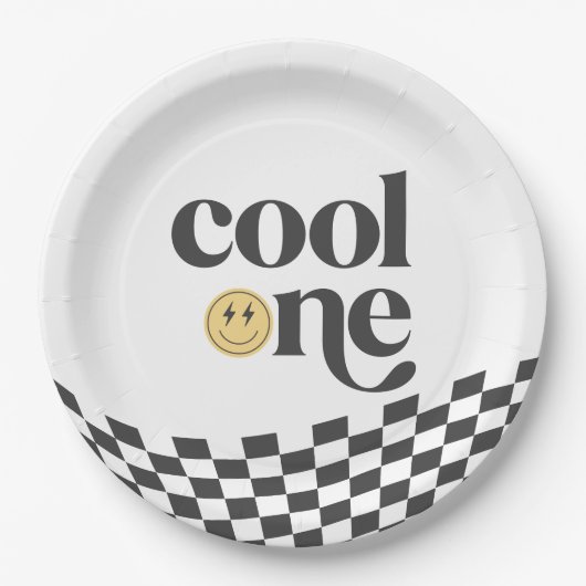 Cool One Boy's First Birthday Checkered Retro Papieren Bordje (Voorkant)