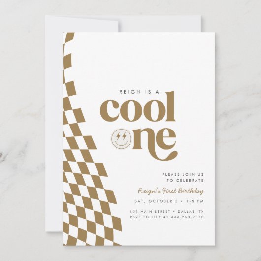 Cool One Boy's First Birthday Gold Checker Retro Kaart (Voorkant)