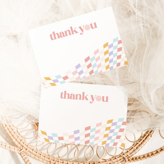 Cool One Girl's First Birthday Checkered Retro Bedankkaart