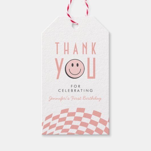 Cool One Girl's First Birthday Checkered Retro Cadeaulabel (Voorkant)