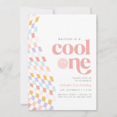 Cool One Girl's First Birthday Checkered Retro Kaart (Voorkant)