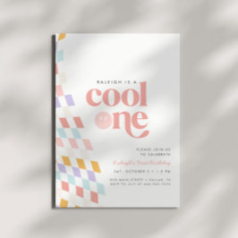 Cool One Girl's First Birthday Checkered Retro Kaart