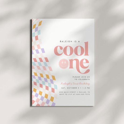 Cool One Girl's First Birthday Checkered Retro Kaart