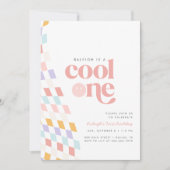 Cool One Girl's First Birthday Checkered Retro Kaart (Voorkant)