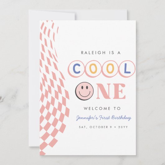 Cool One Girl's First Birthday Checkered Retro Kaart (Voorkant)