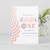 Cool One Girl's First Birthday Checkered Retro Kaart (Staand voorkant)