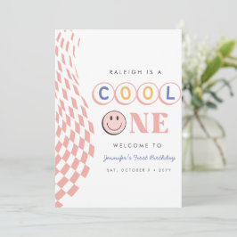 Cool One Girl's First Birthday Checkered Retro Kaart