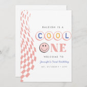 Cool One Girl's First Birthday Checkered Retro Kaart (Voorkant / Achterkant)