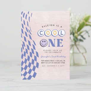 Cool One Girl's First Birthday Checkered Retro Kaart