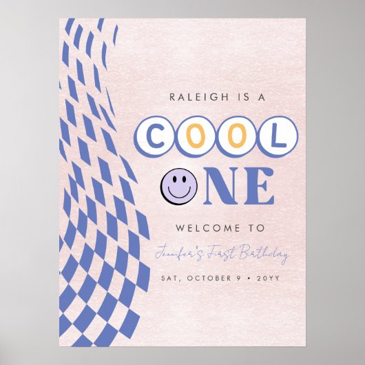 Cool One Girl's First Birthday Checkered Retro Poster (Voorkant)