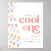 Cool One Girl's First Birthday Checkered Retro Poster (Voorkant)