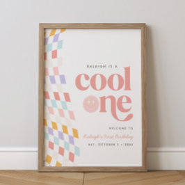 Cool One Girl's First Birthday Checkered Retro Poster