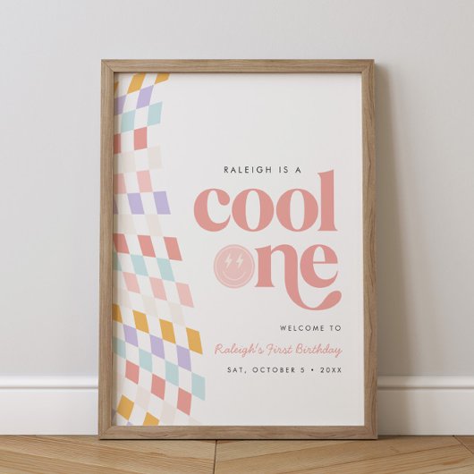 Cool One Girl's First Birthday Checkered Retro Poster