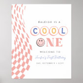 Cool One Girl's First Birthday Checkered Retro Poster (Voorkant)
