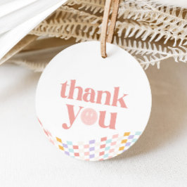 Cool One Girl's Happy Face Checkered Retro Favorie Bedankjes Labels