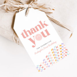 Cool One Girl's Happy Face Checkered Retro Favorie Cadeaulabel