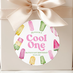 Cool One Roze Retro Popsicle 1e Verjaardagsfeestje Ronde Sticker