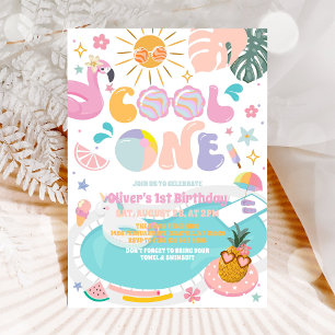 Cool One Zwembad Feest Zomer 1e Verjaardag Uitnodi Kaart