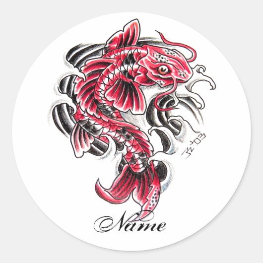 Cool Oosters Japans Rood Koi Karper Vis tattoo Ronde Sticker (Voorkant)