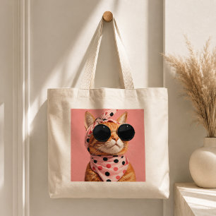 Cool Oranje Kat in Retro Stippen Bandana Grote Tote Bag