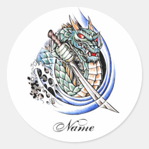 Cool Oriental Dragon met zwaard tattoo Ronde Sticker