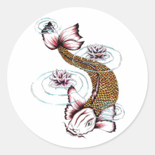 Cool Oriental Japanse Koi Carp Fish Pink Lotus Ronde Sticker
