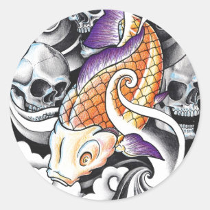 Cool Oriental Koi Carp Skull tattoo Ronde Sticker