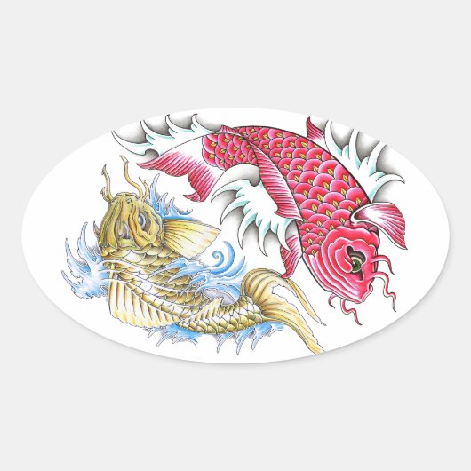 Cool Oriental Koi Fish Red Gold Yin Yang tattoo Ovale Sticker (Voorkant)