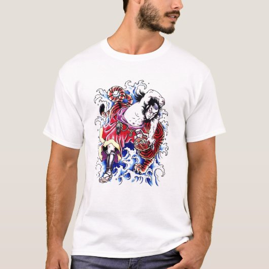 Cool Oriental Warrior en Tiger tattoo T-shirt (Voorkant)