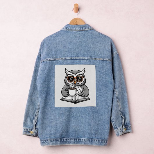 Cool Owl Reading With Coffee Denim Jacket (Hangar)