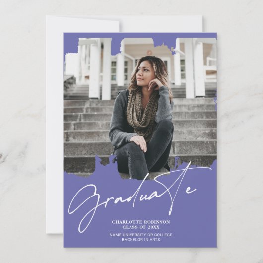 Cool paars blauw afstuderen script foto afstuderen kaart (Voorkant)