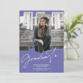 Cool paars blauw afstuderen script foto afstuderen kaart (Staand voorkant)
